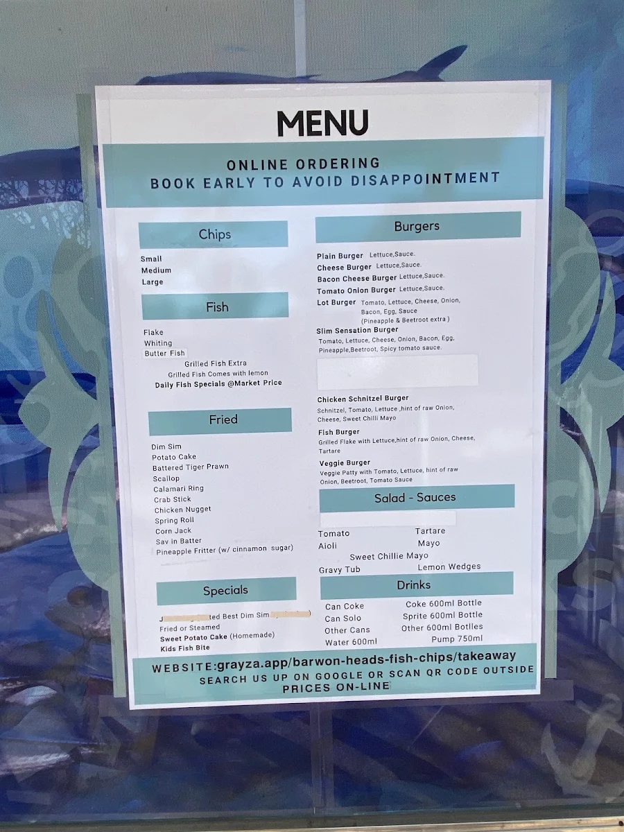Menu, Barwon Heads Fish & Chips