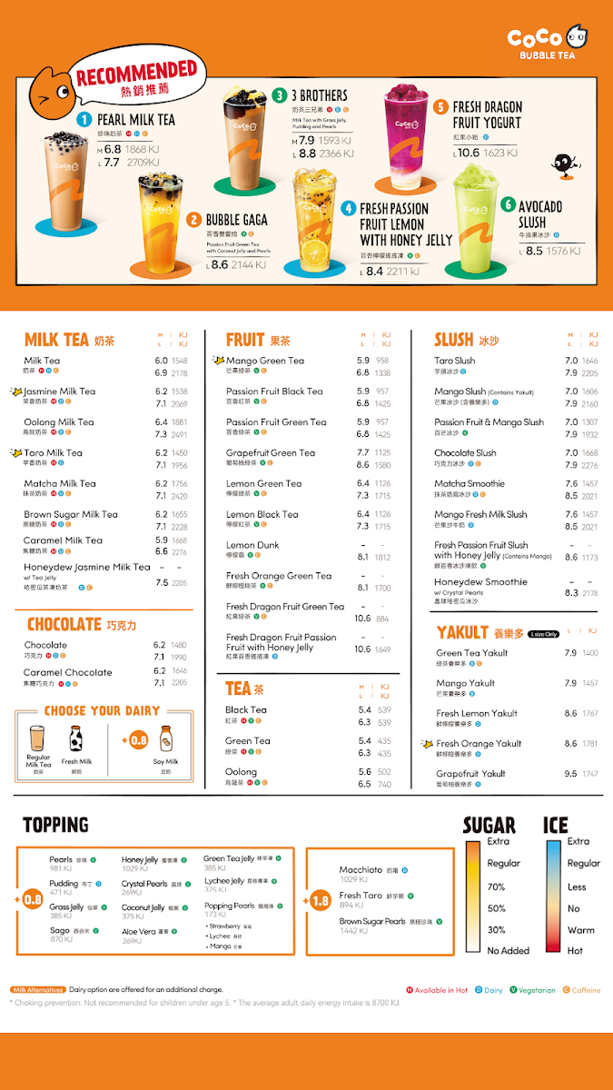 Menu, CoCo Bubble Tea Hollywood