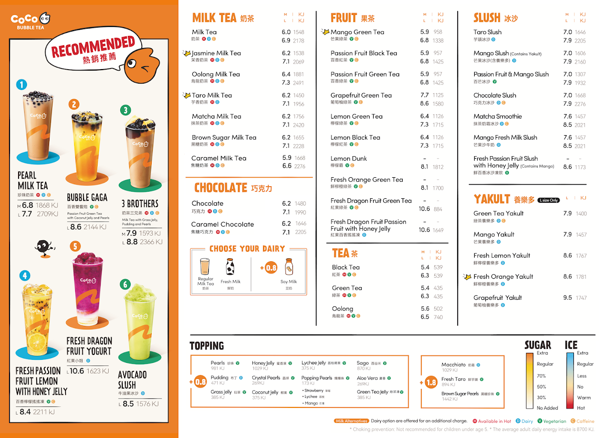 Menu, CoCo Bubble Tea Hollywood