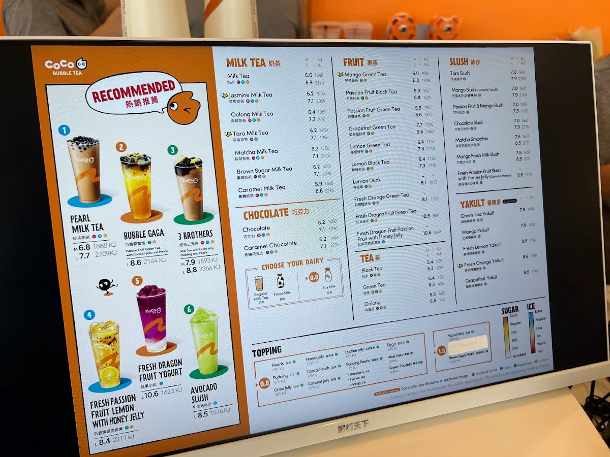 Menu, CoCo Bubble Tea Hollywood