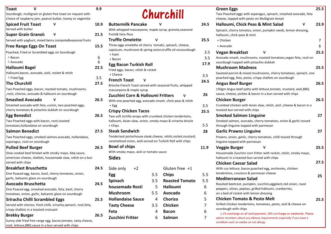 Menu, Churchill Cafe