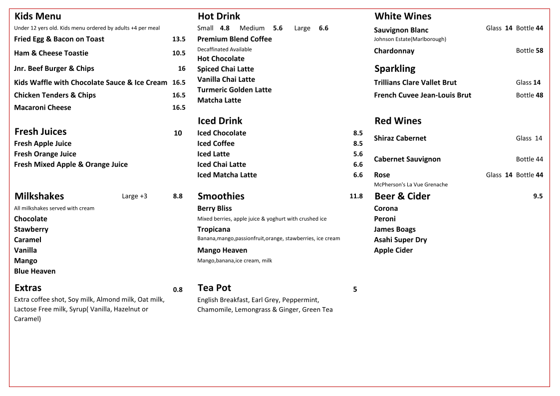 Menu, Churchill Cafe