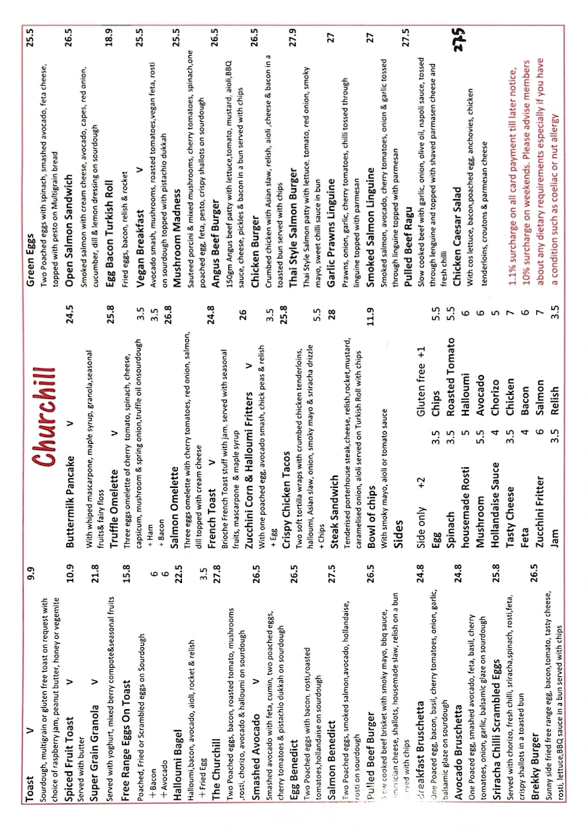 Menu, Churchill Cafe