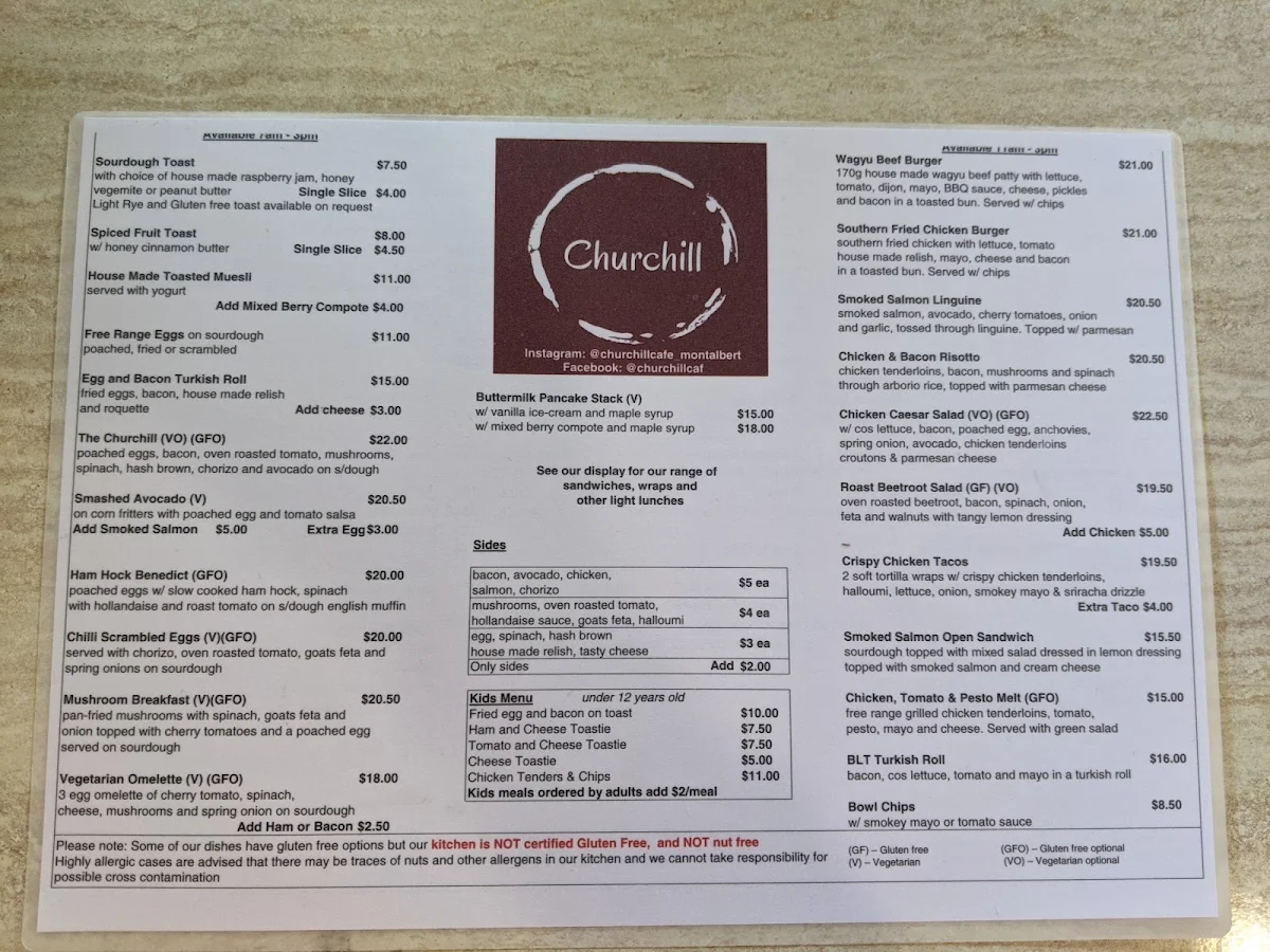 Menu, Churchill Cafe