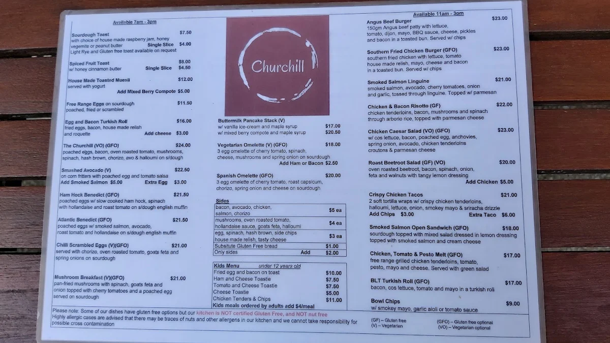 Menu, Churchill Cafe