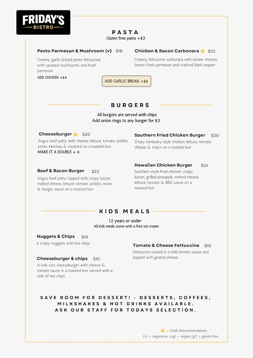 Menu, Friday's Bistro