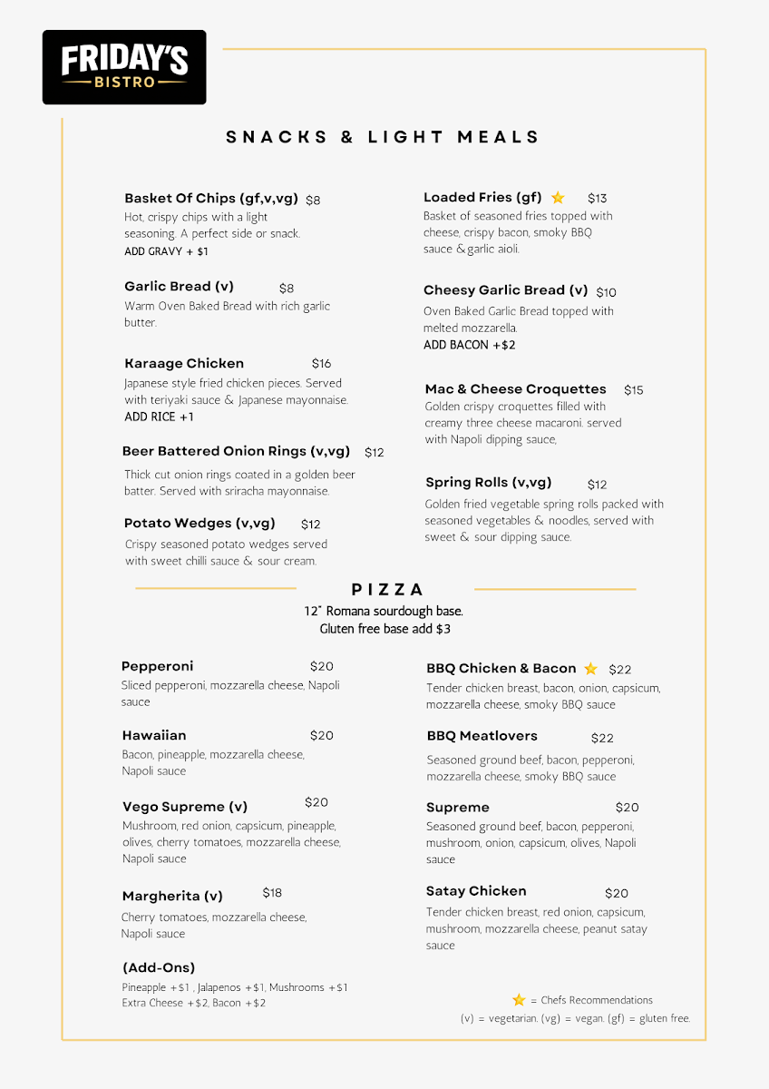 Menu, Friday's Bistro