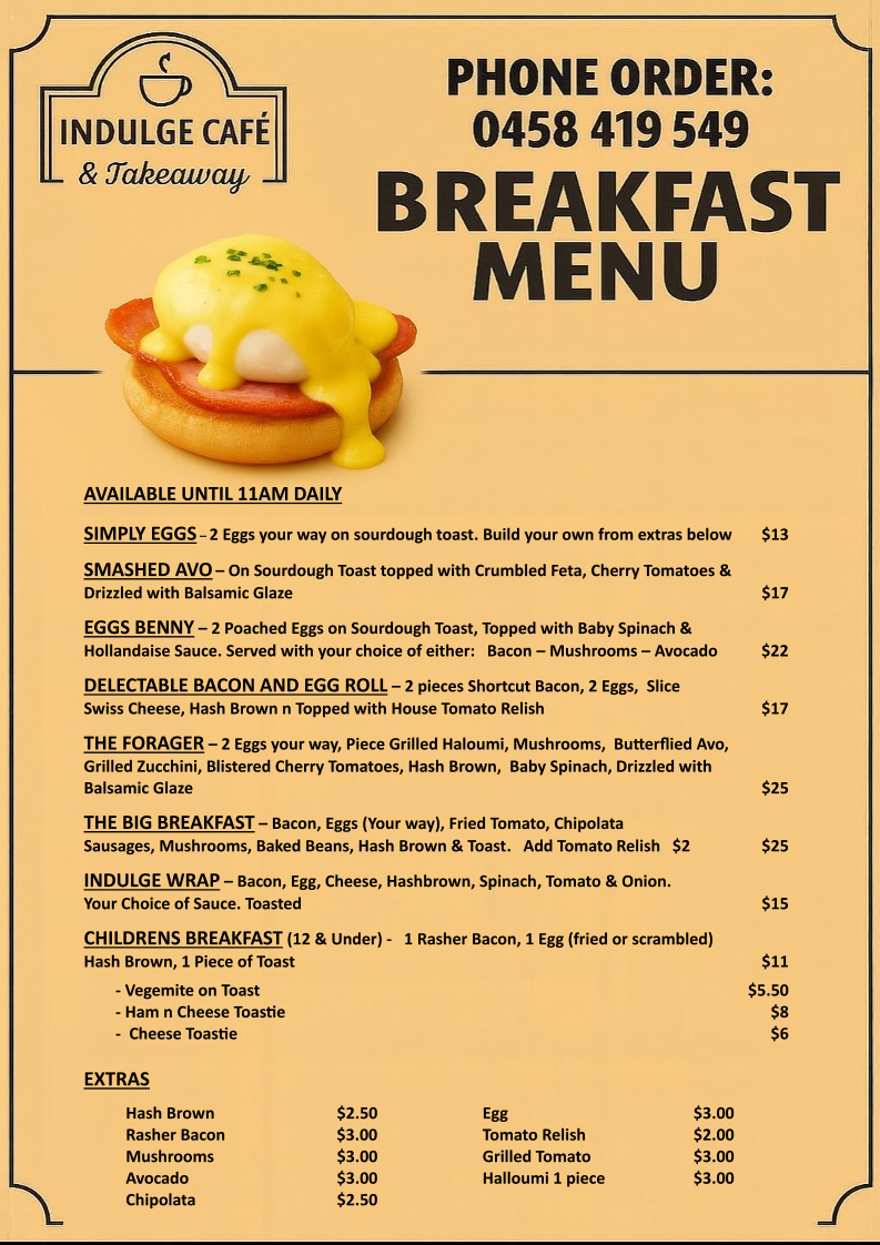 Menu, Indulge Cafe & Takeaway
