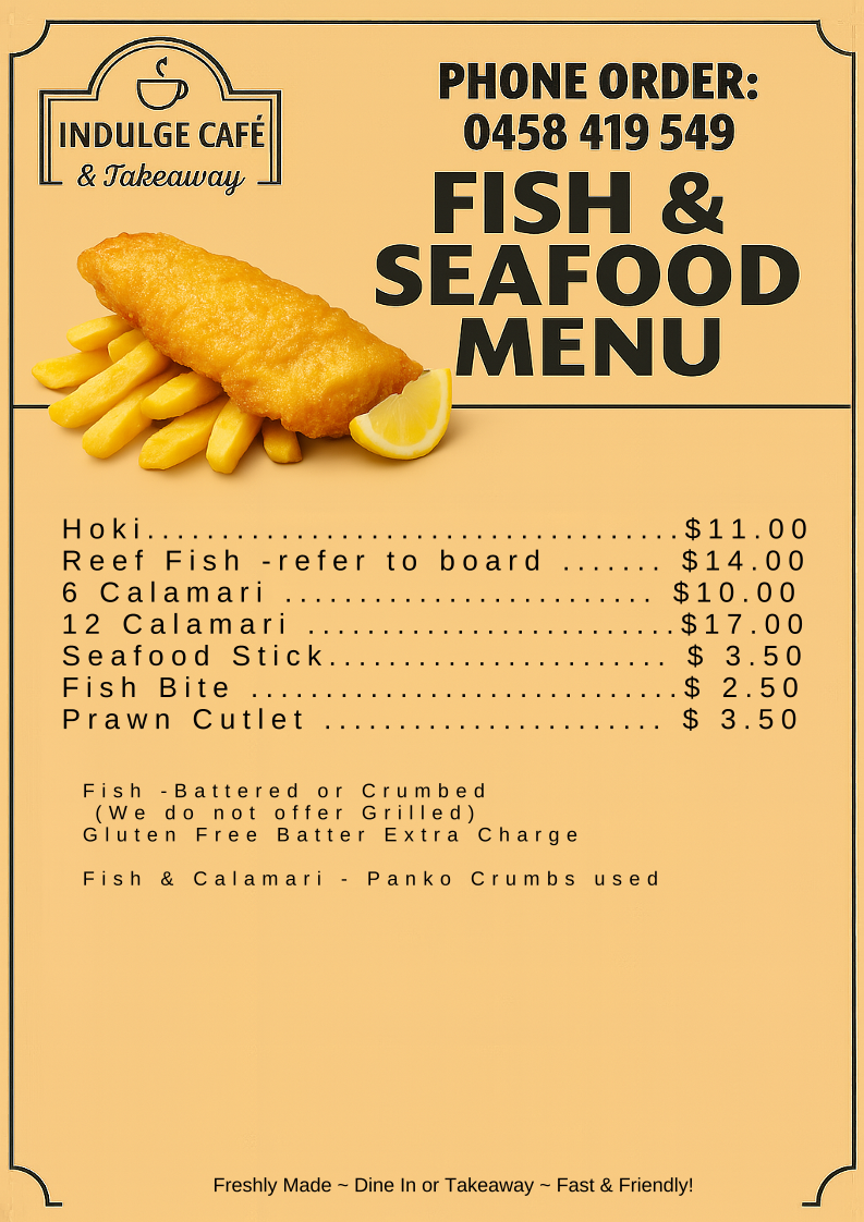 Menu, Indulge Cafe & Takeaway