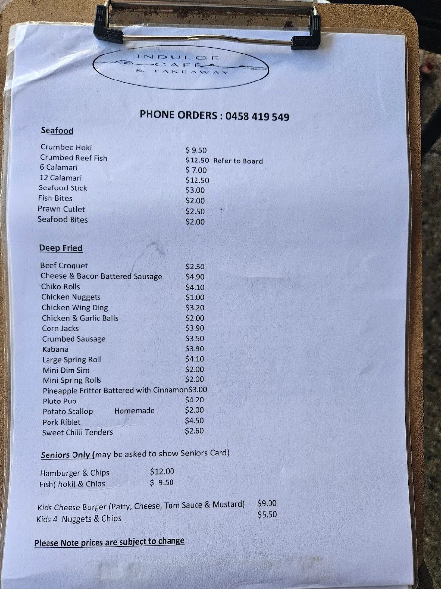 Menu, Indulge Cafe & Takeaway