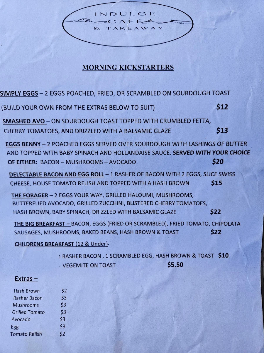 Menu, Indulge Cafe & Takeaway