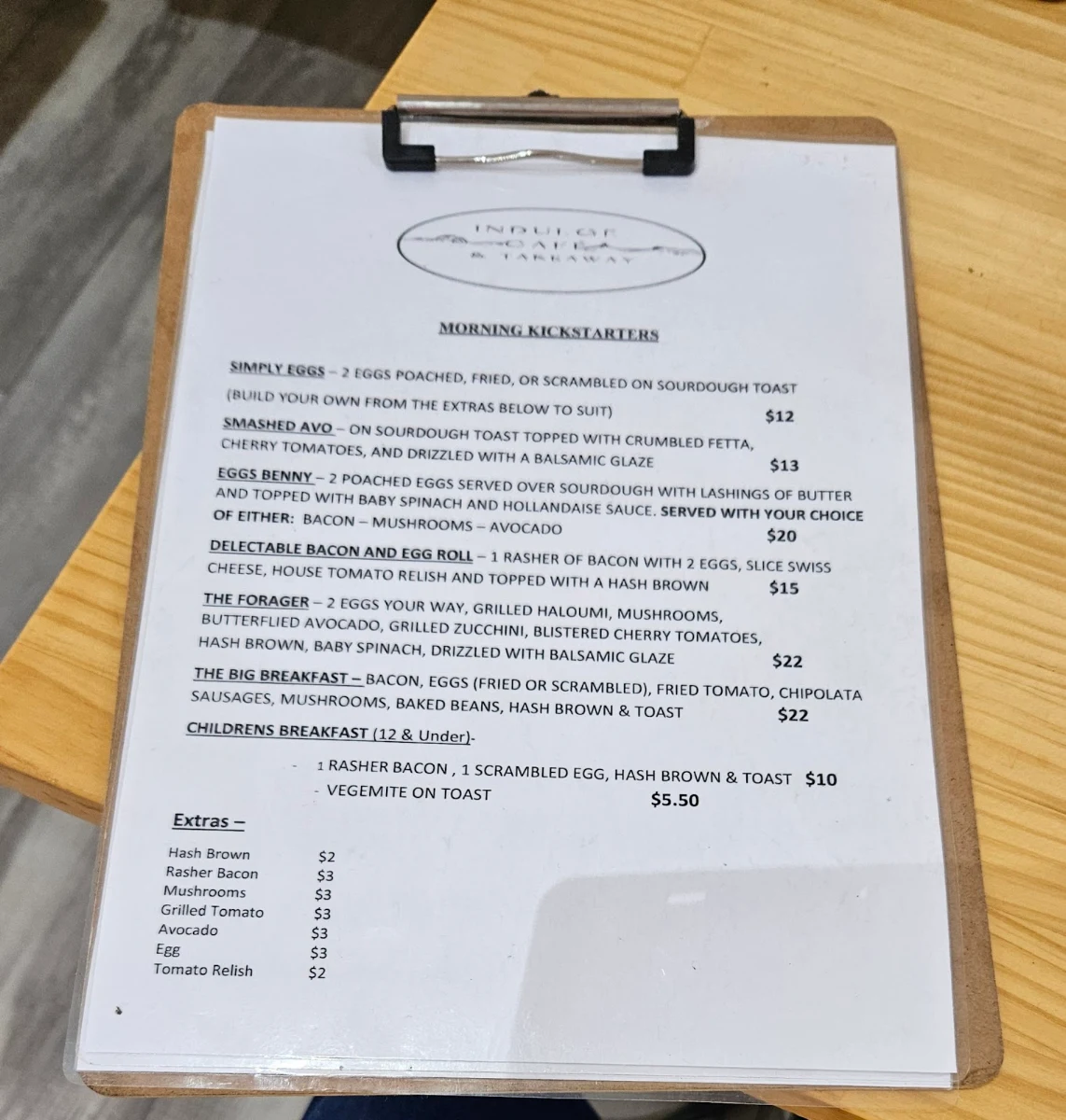 Menu, Indulge Cafe & Takeaway