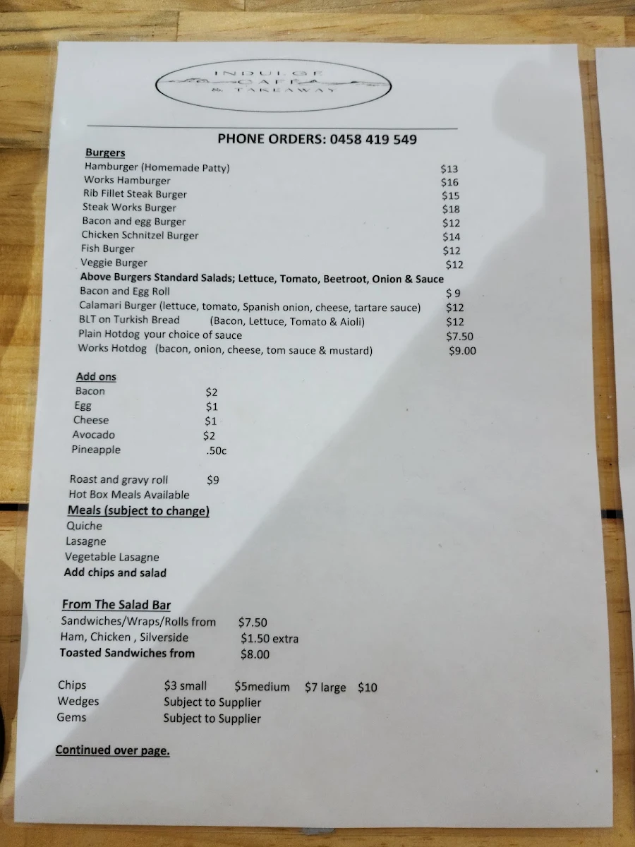 Menu, Indulge Cafe & Takeaway