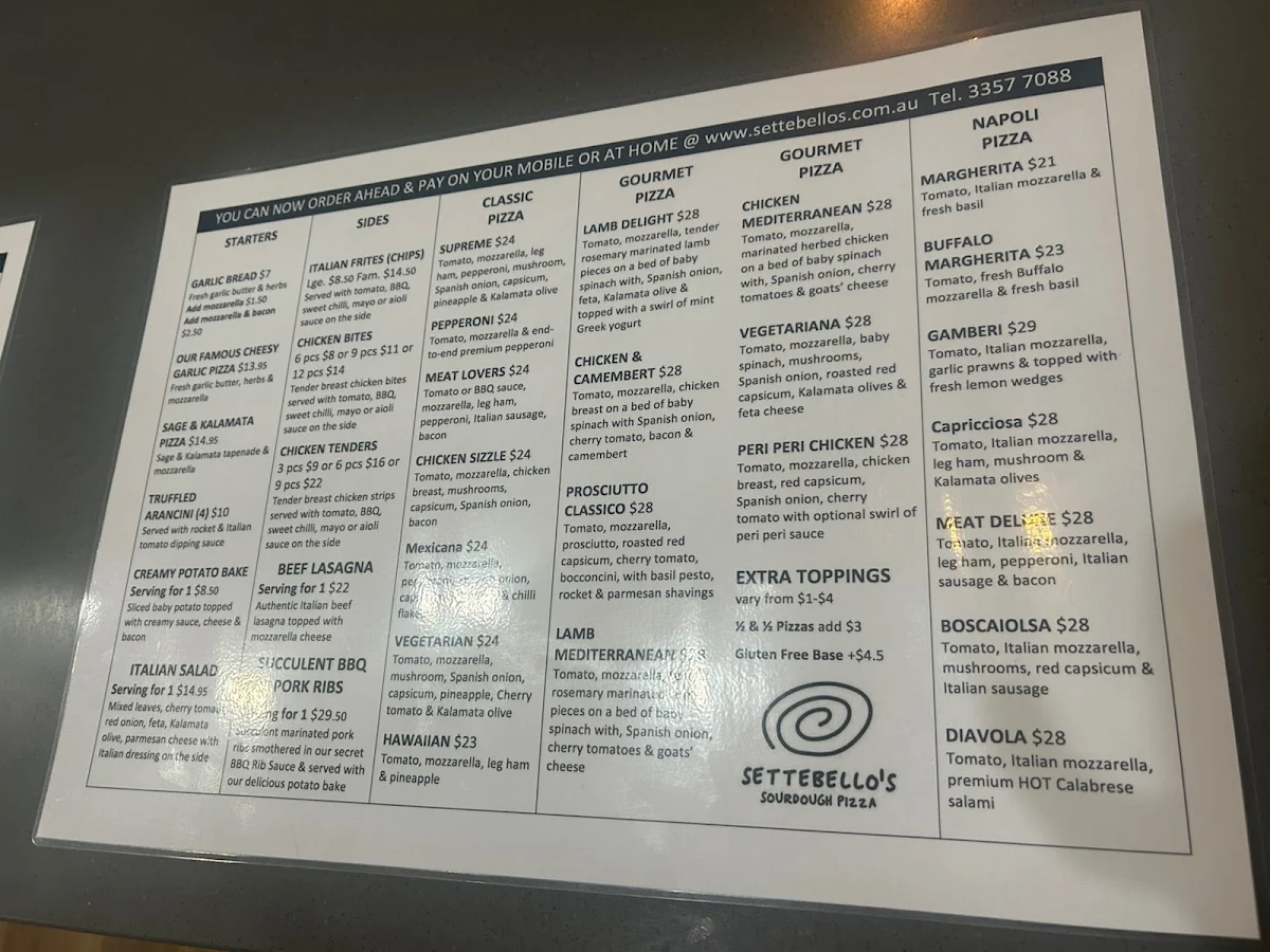 Menu, Settebello's Sourdough Pizza - Clayfield