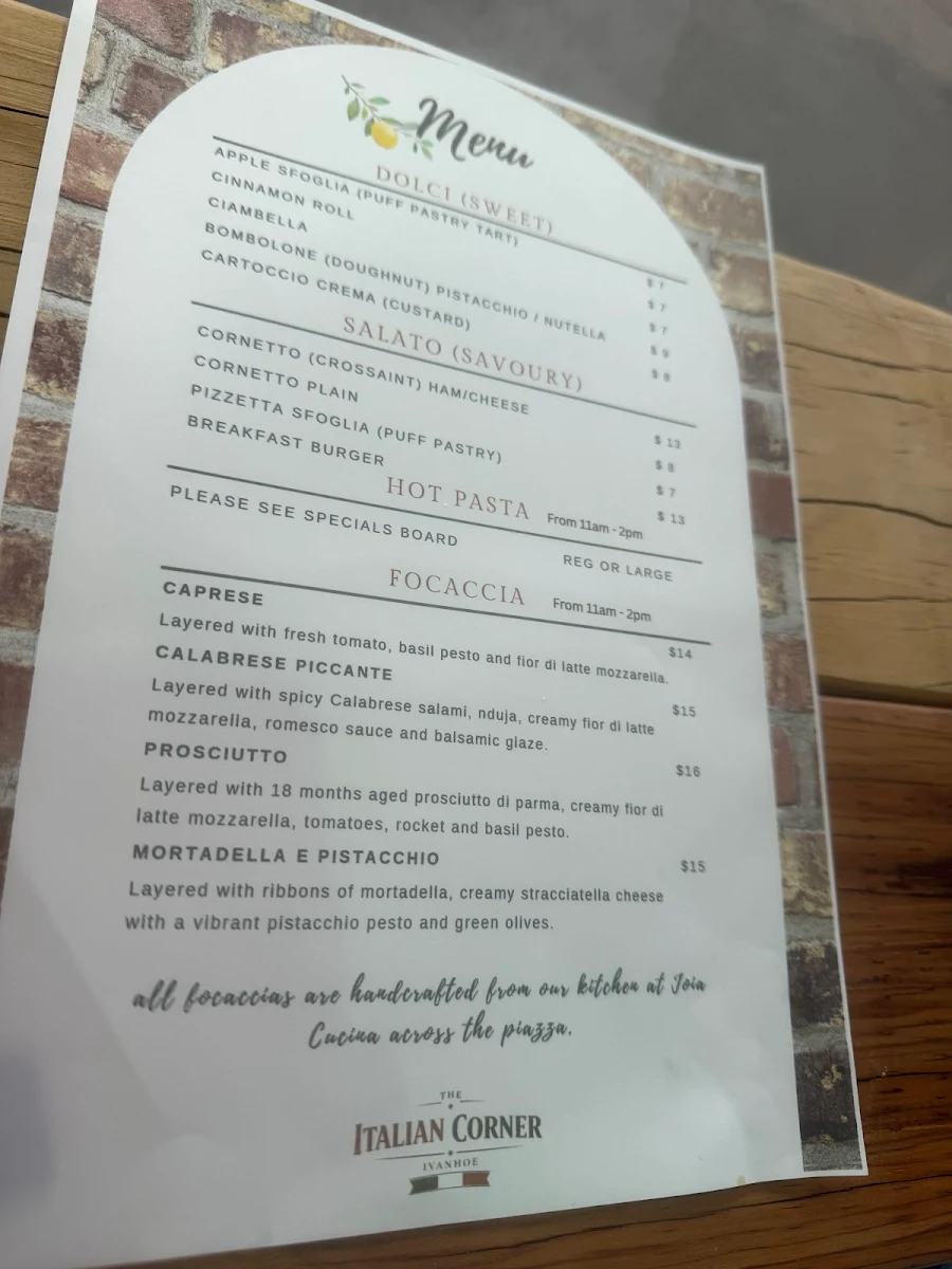 Menu, The Italian corner Ivanhoe