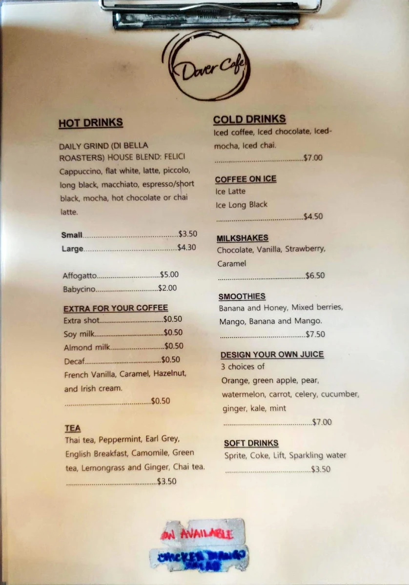 Menu, Dover Cafe