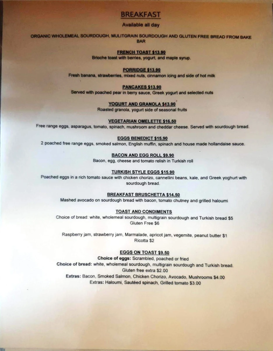 Menu, Dover Cafe