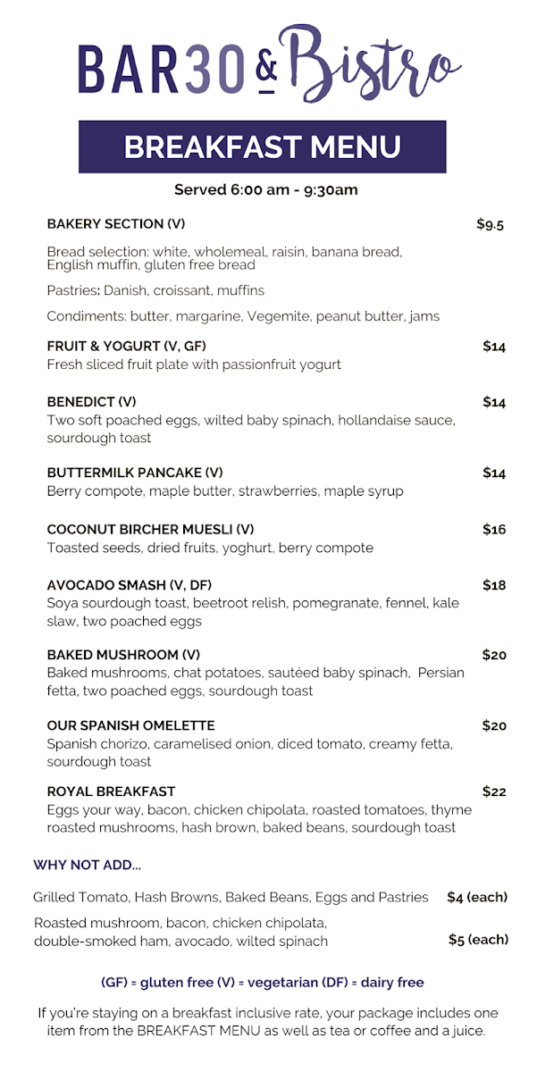 Menu, BAR30 & Bistro Parramatta