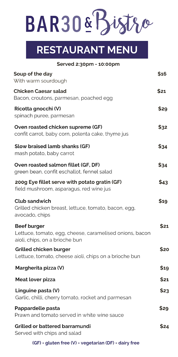 Menu, BAR30 & Bistro Parramatta