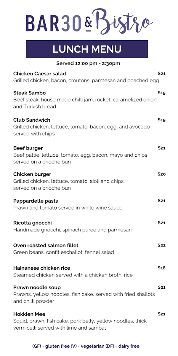 Menu, BAR30 & Bistro Parramatta