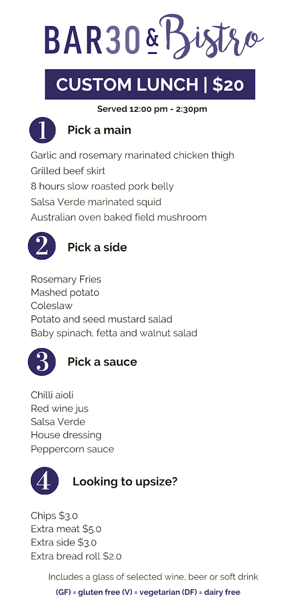 Menu, BAR30 & Bistro Parramatta