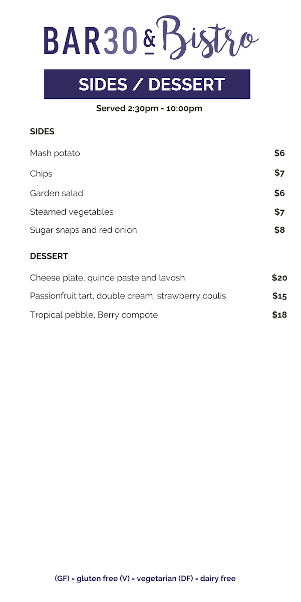 Menu, BAR30 & Bistro Parramatta