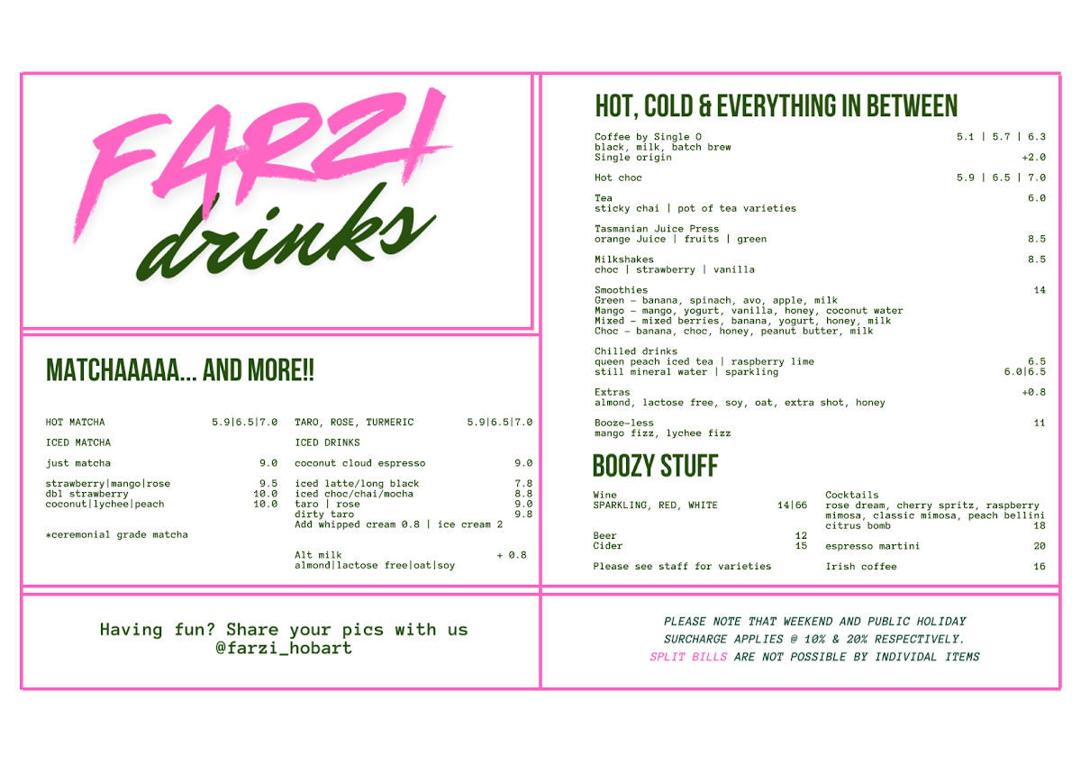 Menu, Farzi Hobart