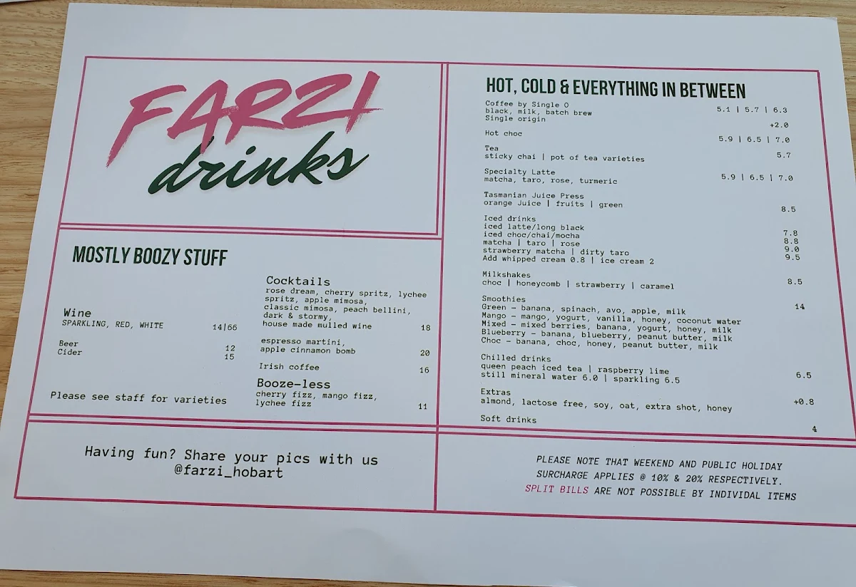 Menu, Farzi Hobart