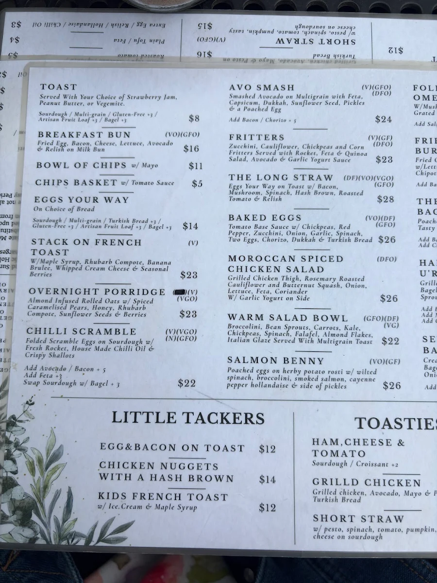 Menu, Short Straw cafe