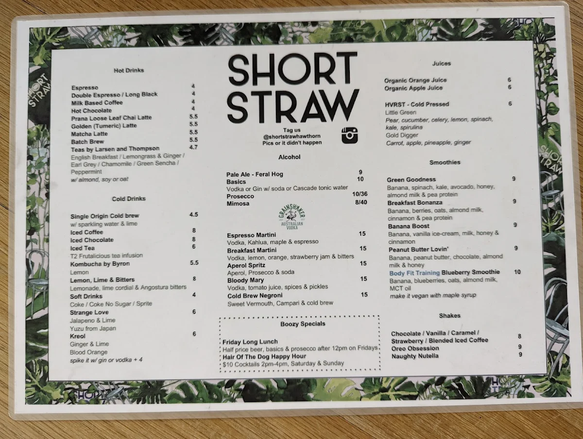 Menu, Short Straw cafe