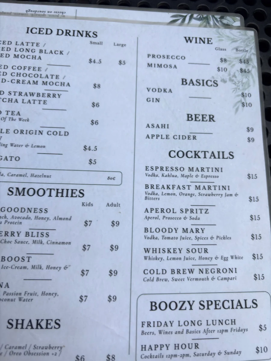 Menu, Short Straw cafe