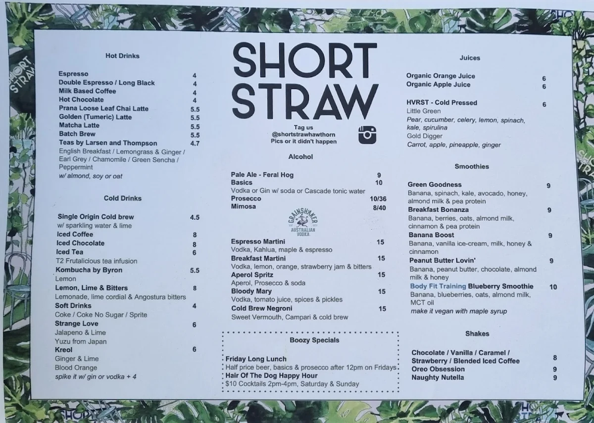 Menu, Short Straw cafe