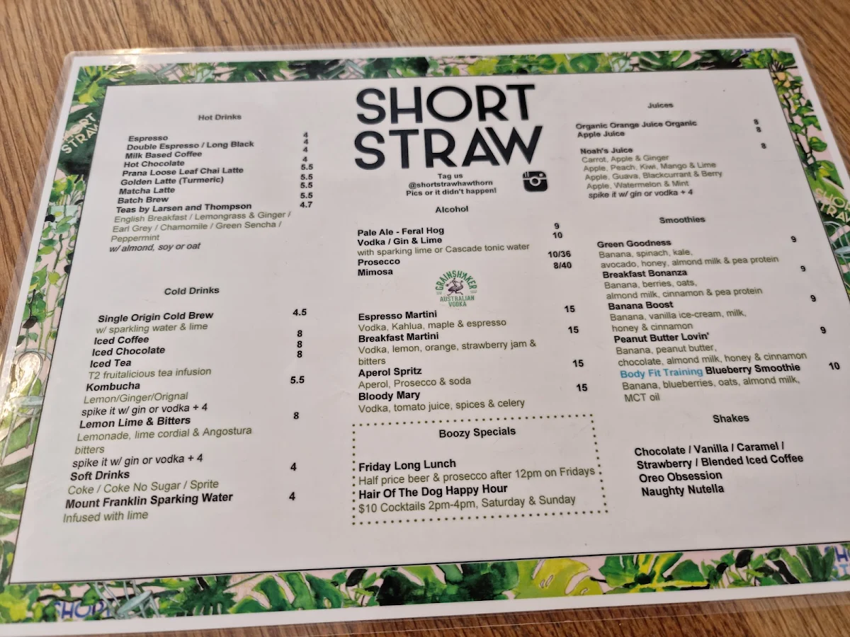Menu, Short Straw cafe