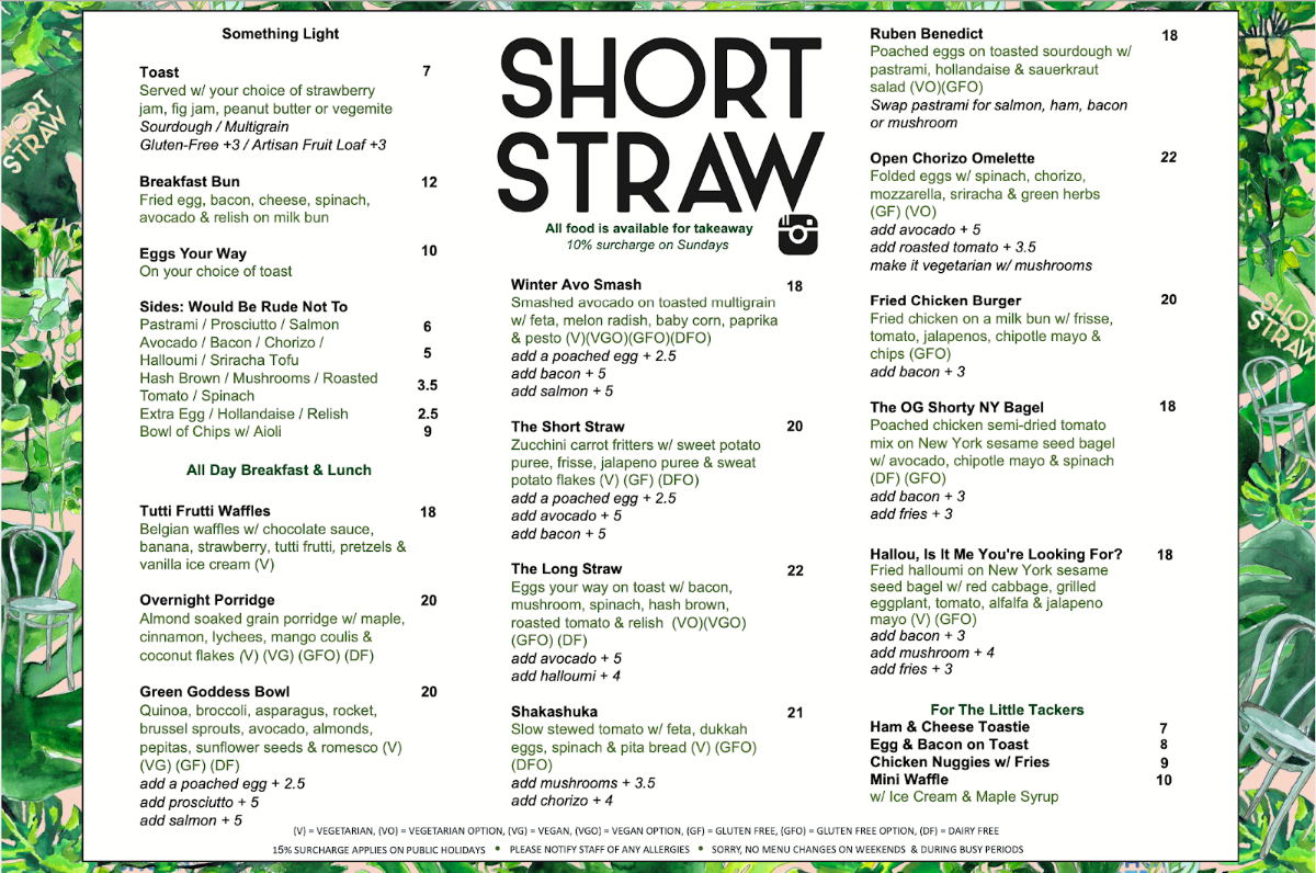 Menu, Short Straw cafe