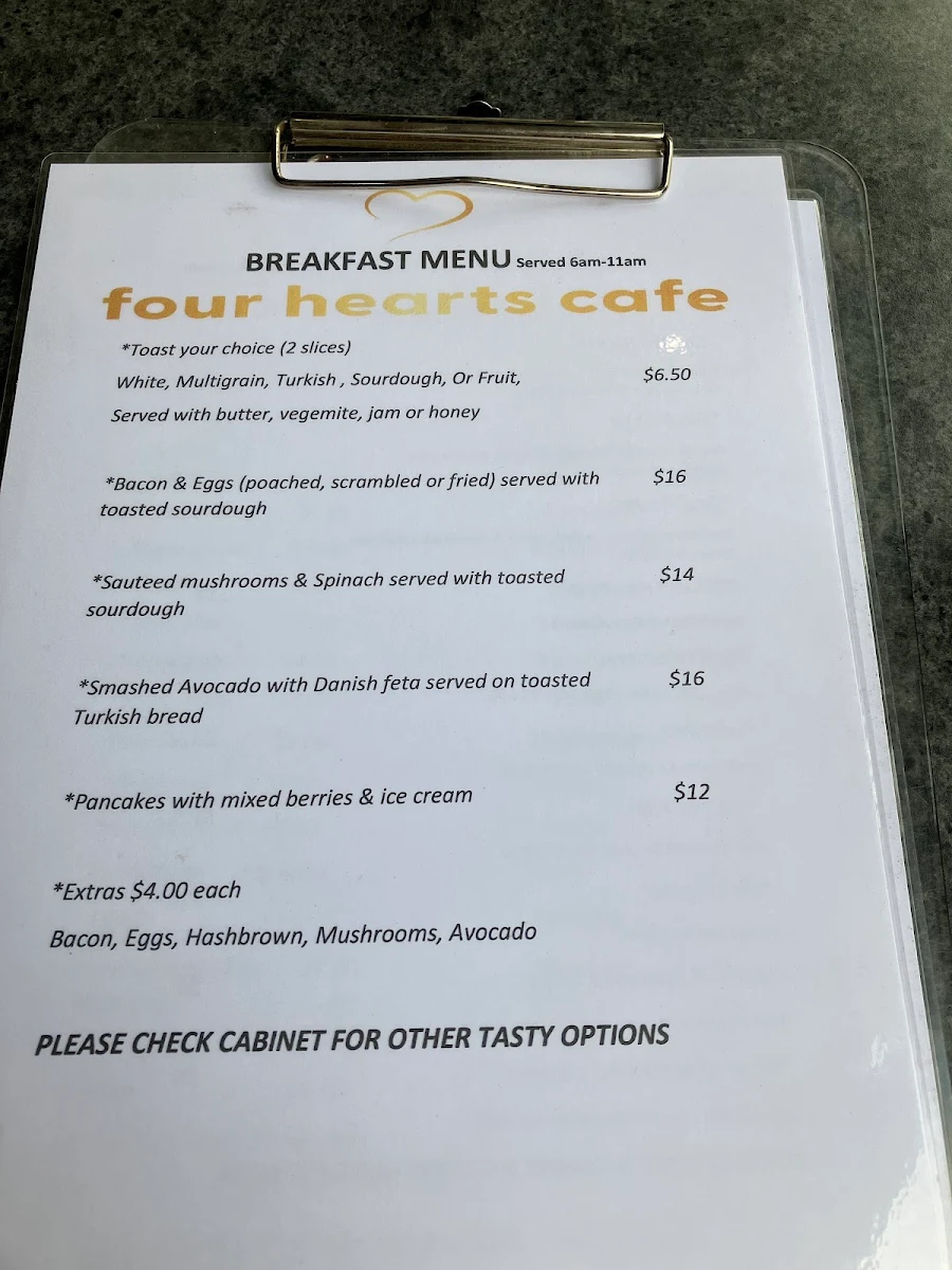 Menu, Four Hearts Cafe