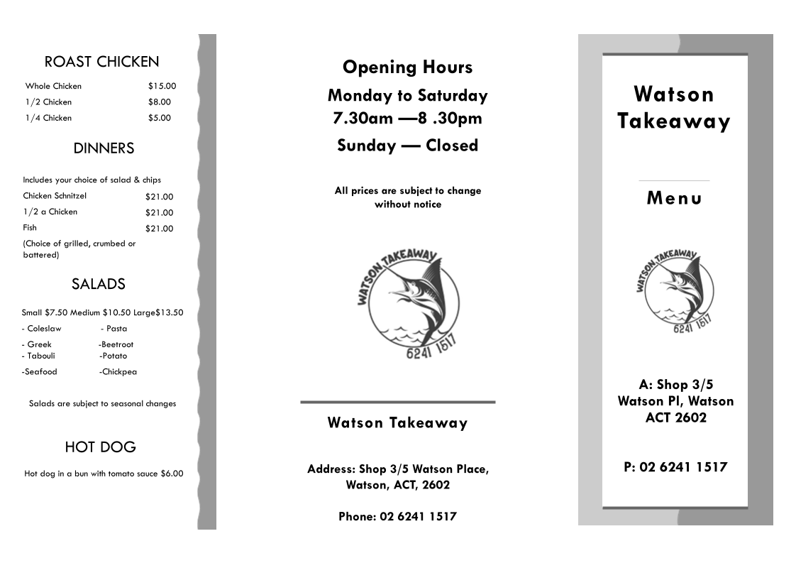 Menu, Watson Takeaway