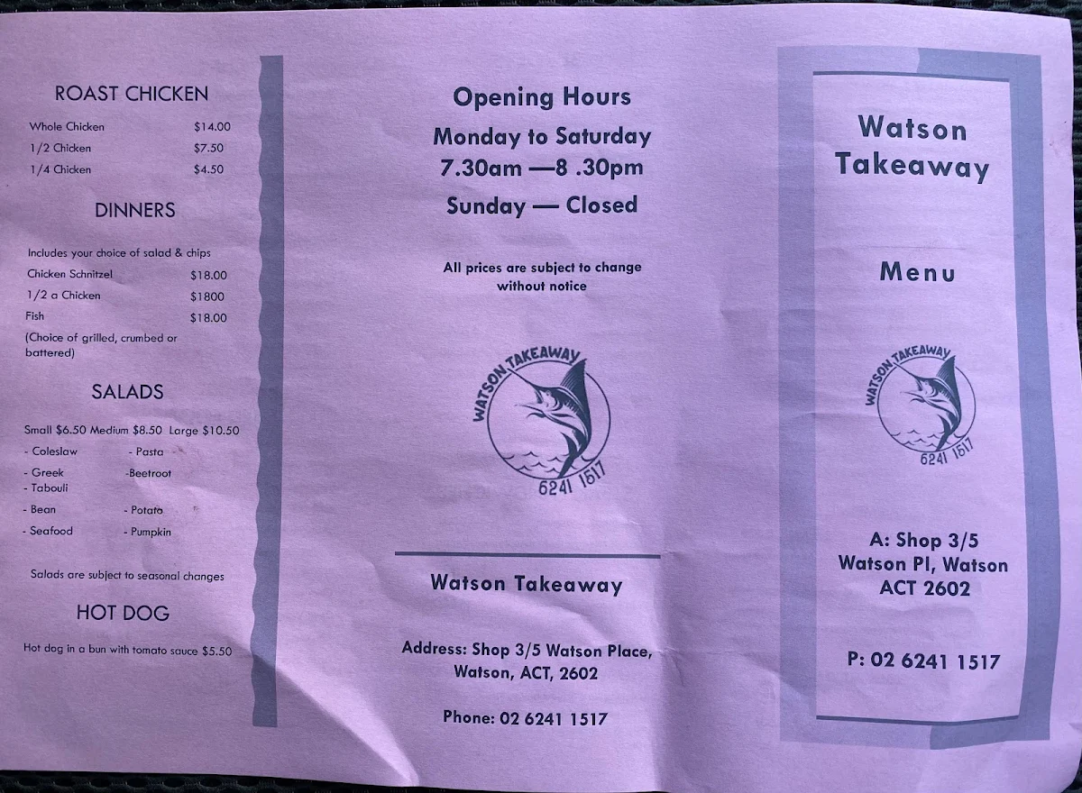 Menu, Watson Takeaway
