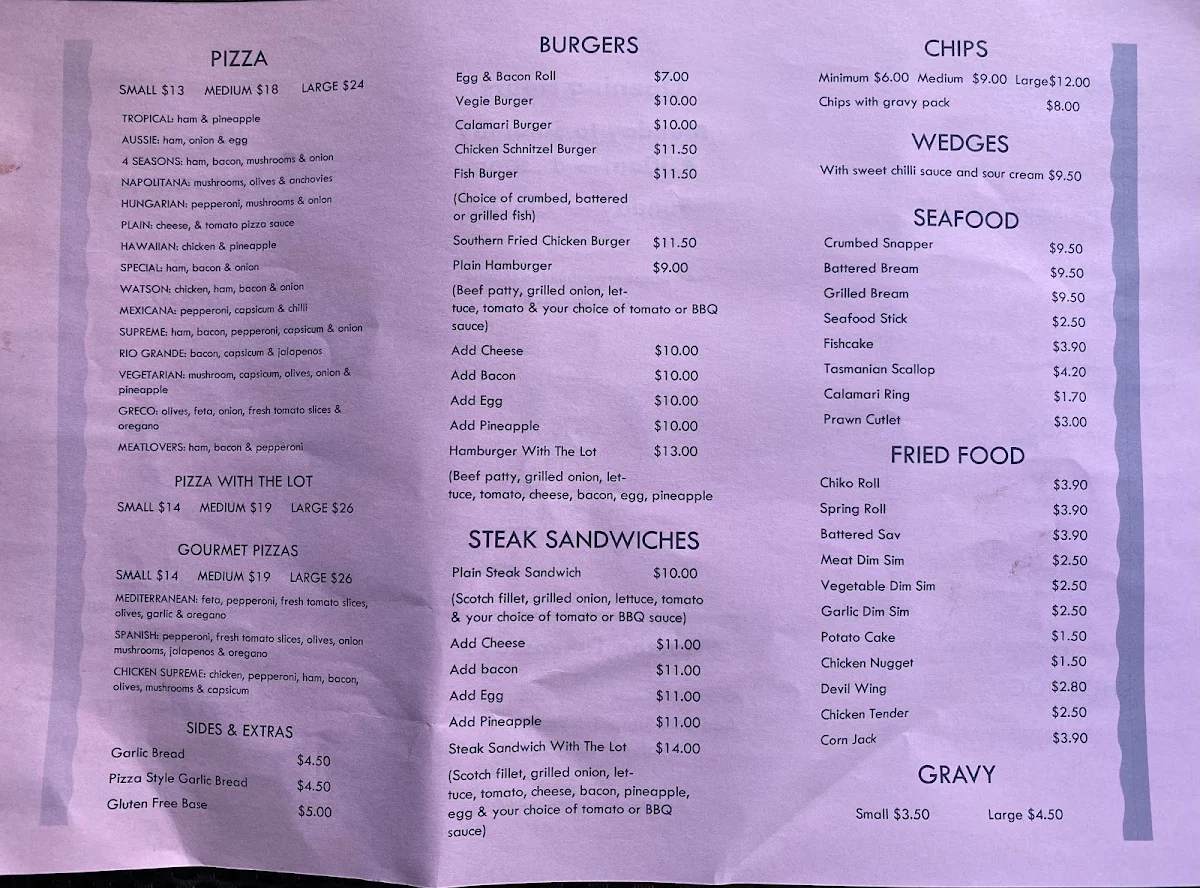 Menu, Watson Takeaway