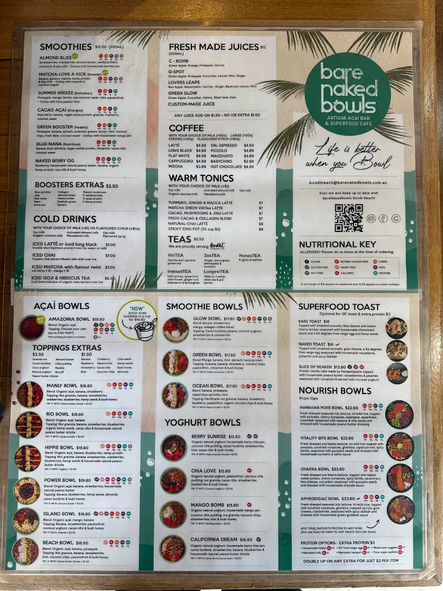 Menu, Bare Naked Bowls Bondi Beach