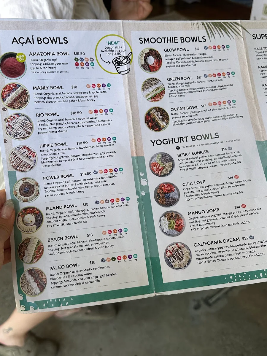 Menu, Bare Naked Bowls Bondi Beach