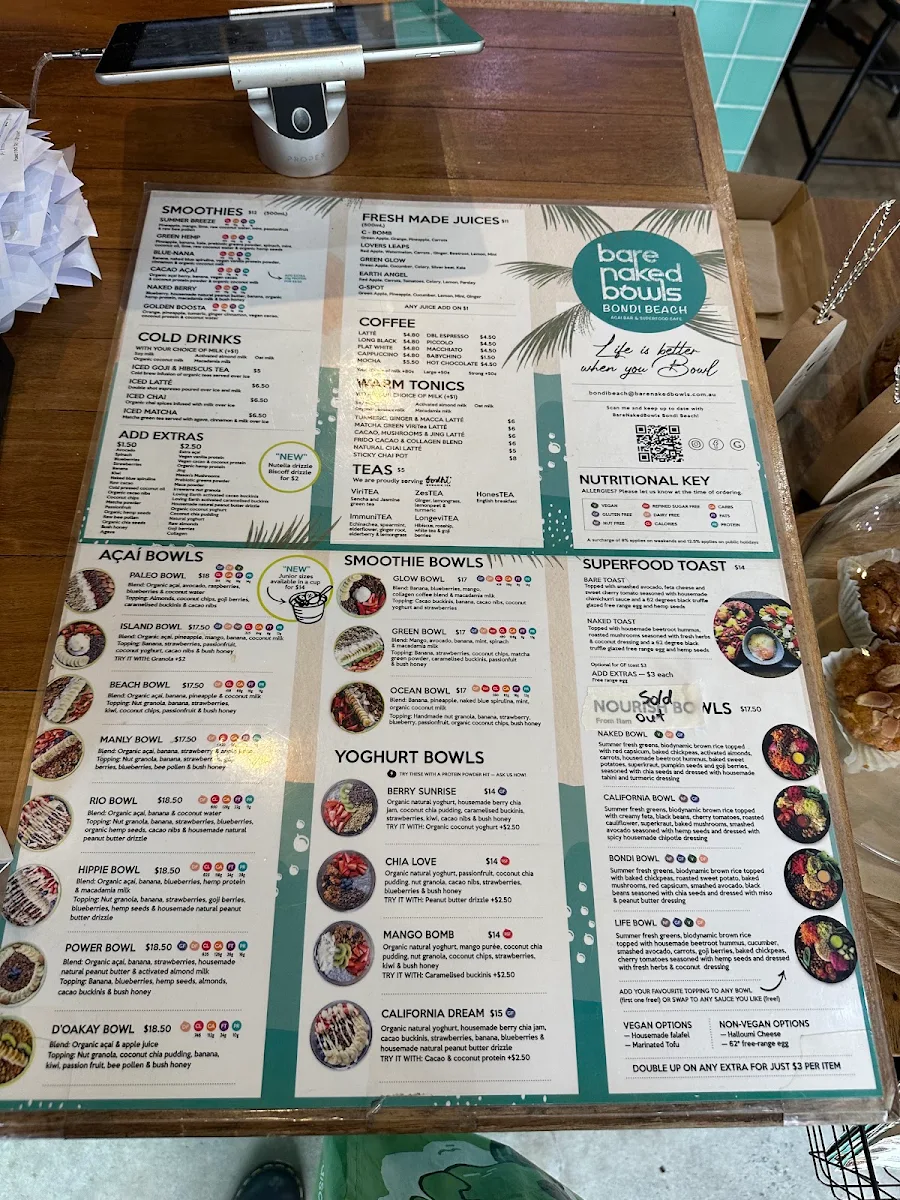 Menu, Bare Naked Bowls Bondi Beach