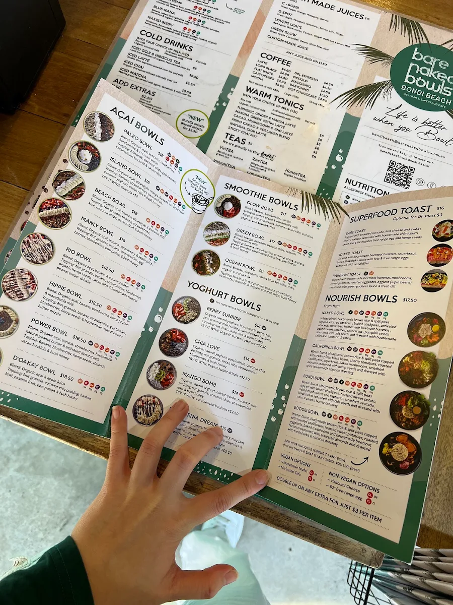 Menu, Bare Naked Bowls Bondi Beach