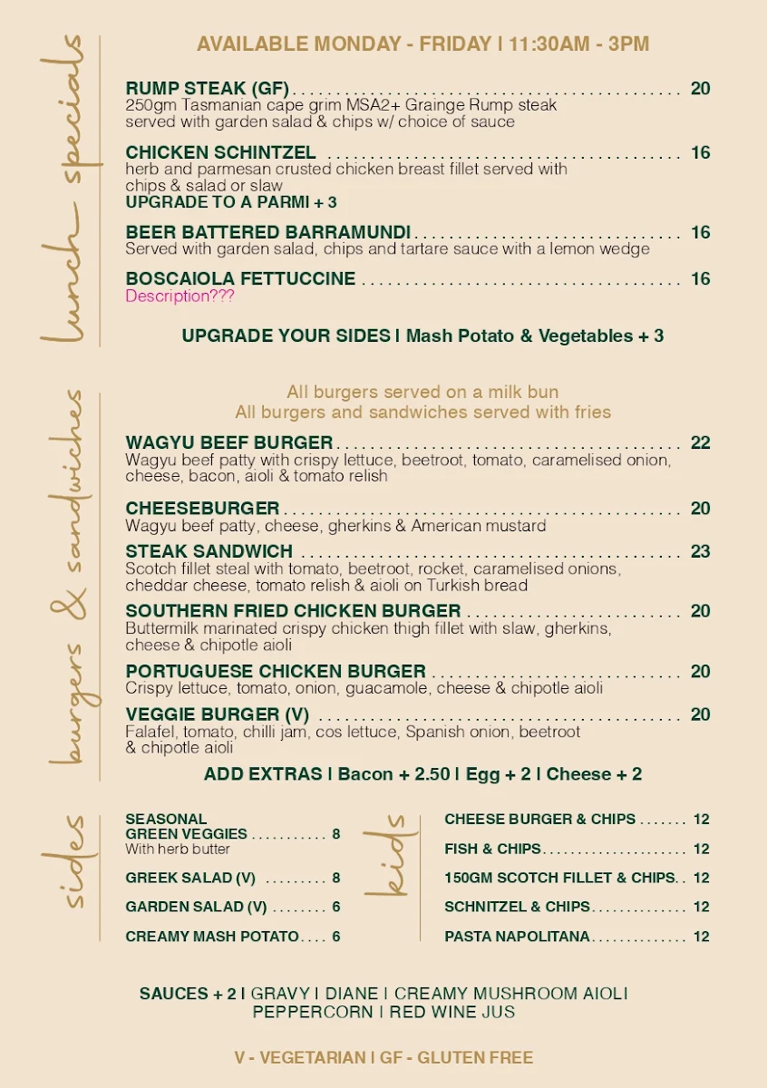 Menu, Royal Oak Hotel