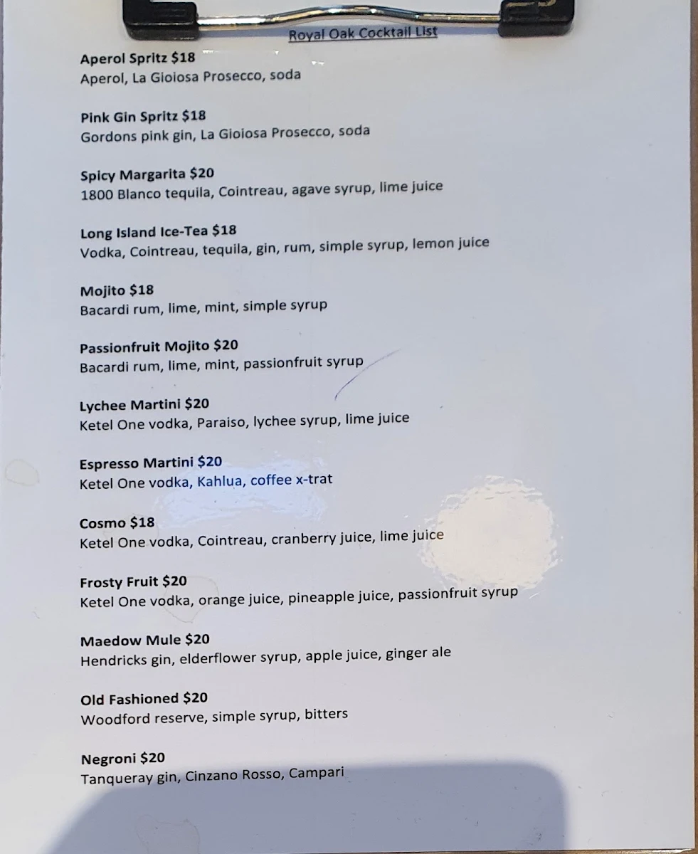 Menu, Royal Oak Hotel