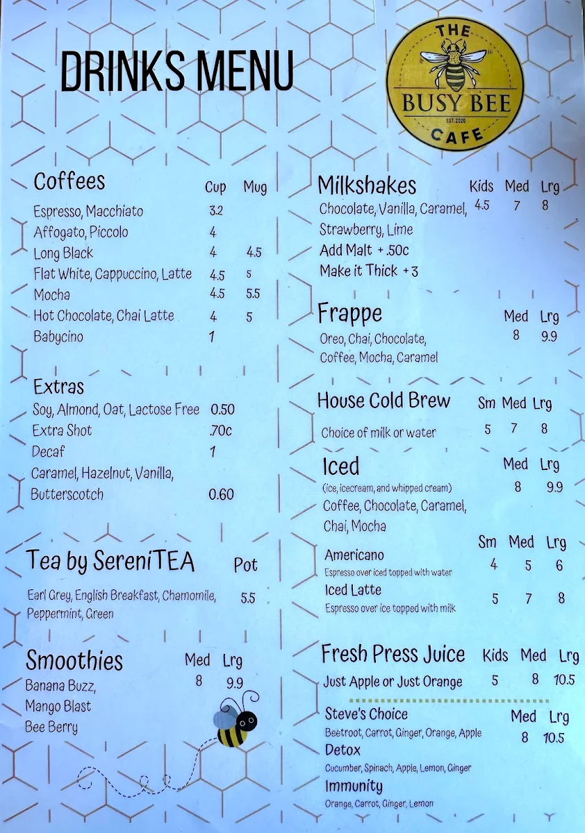Menu, The Busy Bee Cafe and Catering
