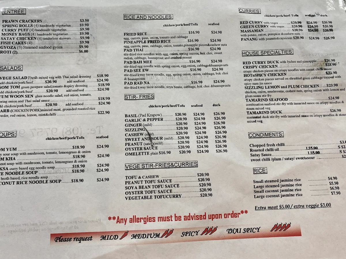 Menu, Thai Tamarind