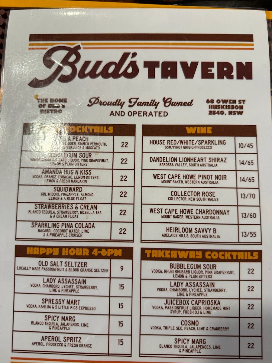 Menu, Bud's Tavern