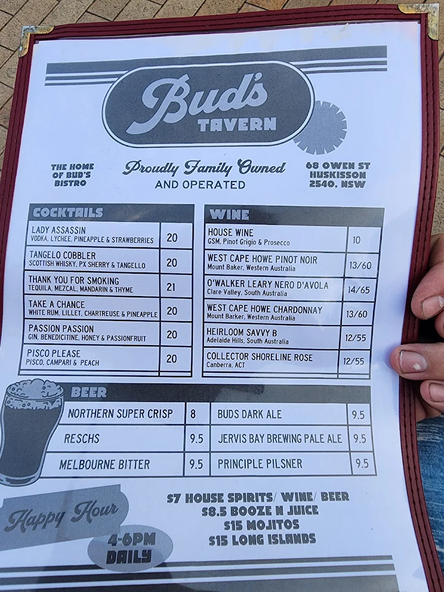 Menu, Bud's Tavern