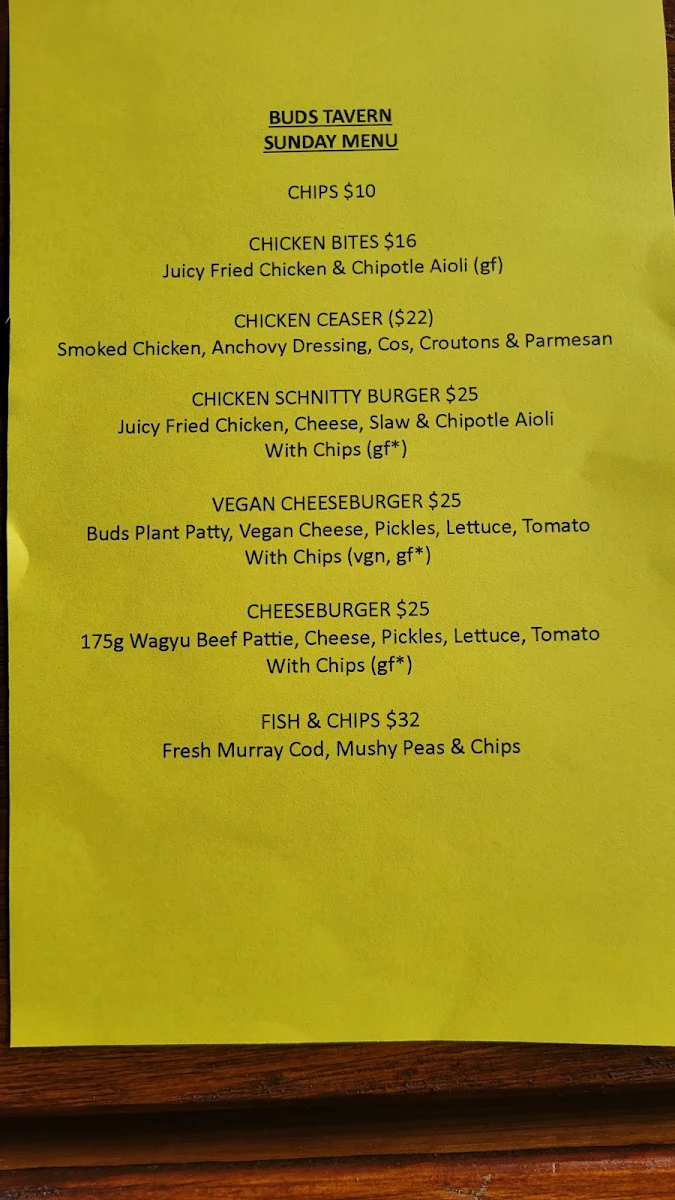 Menu, Bud's Tavern