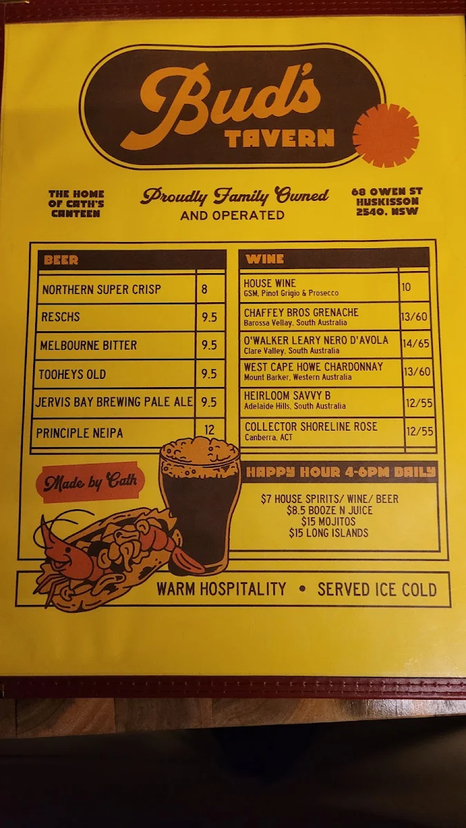 Menu, Bud's Tavern